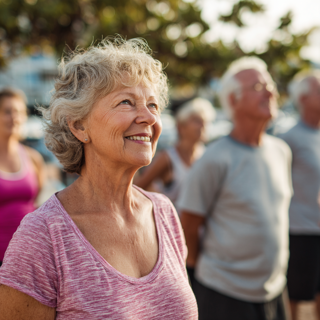 Older adults enjoying gentle group fitness session outdoors